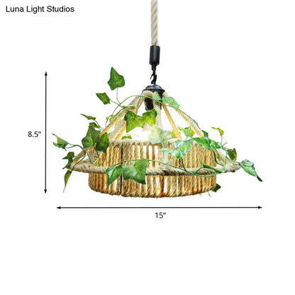 Retro Metal 1-Head Yellow LED Pendant Ceiling Light with Plant Decor - House Restaurant