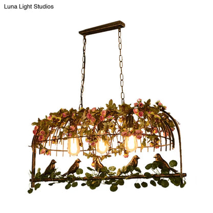ديكوربايتس™ مصباح سقف معدني بتصميم قفص طيور عتيق مع ديكور زهور - لمسة نهائية من النحاس، رأسان/ثلاثة/أربعة - مثالي للمطاعم والجزر