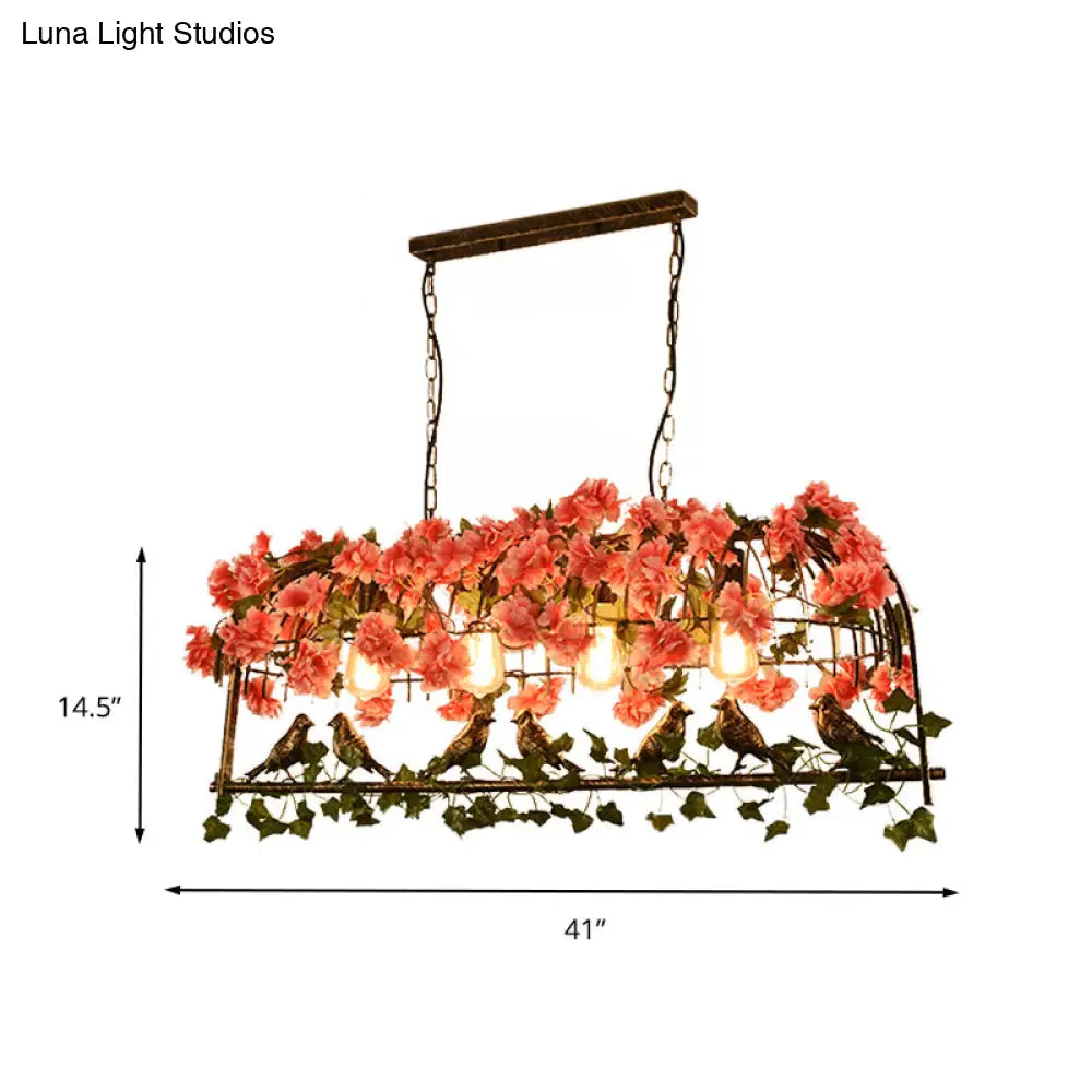 ديكوربايتس™ مصباح سقف معدني بتصميم قفص طيور عتيق مع ديكور زهور - لمسة نهائية من النحاس، رأسان/ثلاثة/أربعة - مثالي للمطاعم والجزر