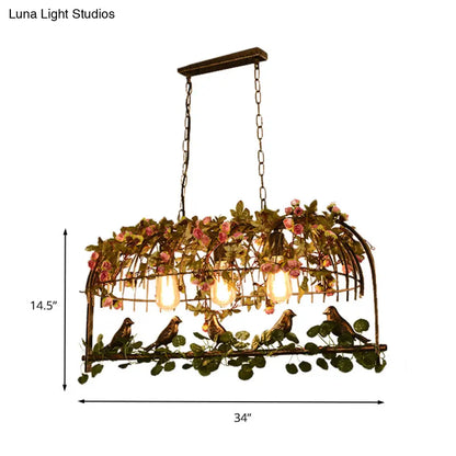 ديكوربايتس™ مصباح سقف معدني بتصميم قفص طيور عتيق مع ديكور زهور - لمسة نهائية من النحاس، رأسان/ثلاثة/أربعة - مثالي للمطاعم والجزر