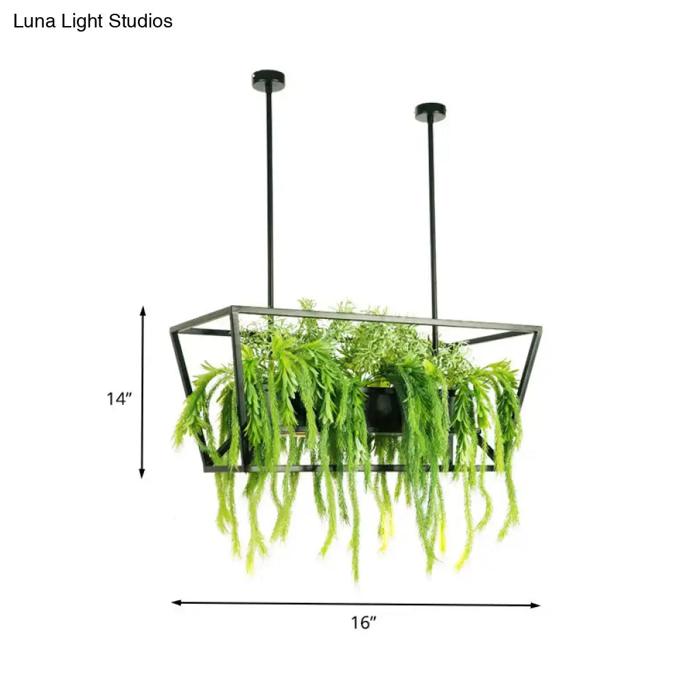 Decorbites retro metal black ceiling light with 2 heads and rectangular hanging planter with cascading green foliage
