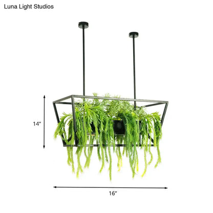 Decorbites retro metal black ceiling light with 2 heads and rectangular hanging planter with cascading green foliage