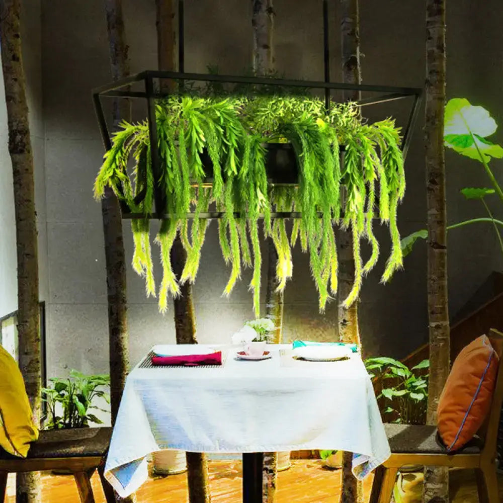 Decorbites retro metal ceiling light with black metal planter and cascading green ferns for restaurant island use 220v-240v