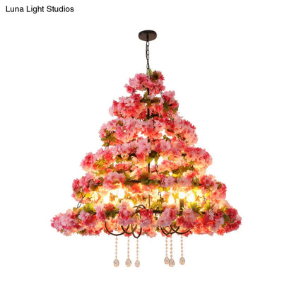 Retro Metal Black Chandelier with Crystal Draping and Cherry Blossom Design - 6 Light LED Ceiling Pendant