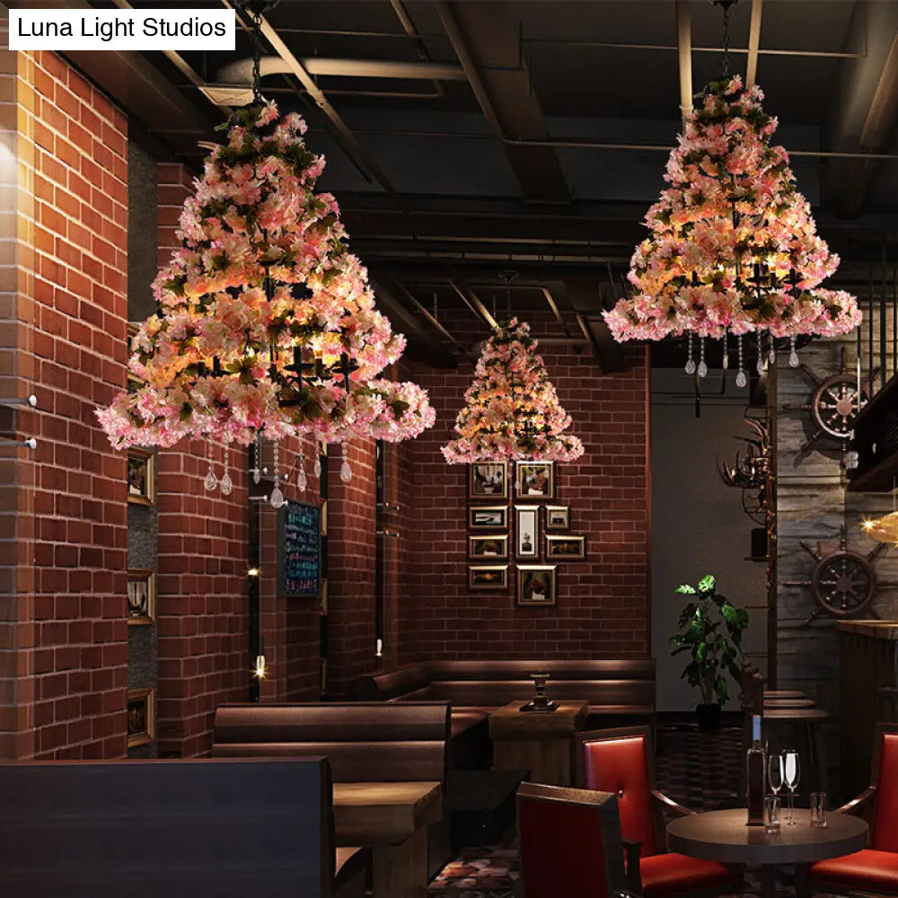 Retro Metal Flower LED Chandelier Lighting with 6 Pink Bulbs - Perfect for Restaurants