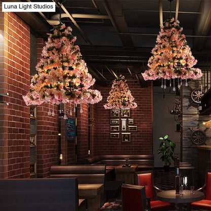 Retro Metal Flower LED Chandelier Lighting with 6 Pink Bulbs - Perfect for Restaurants