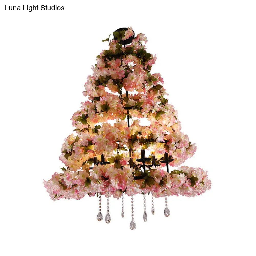 Retro Metal Flower LED Chandelier Lighting with 6 Pink Bulbs - Perfect for Restaurants