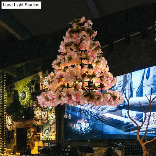 Retro Metal Flower LED Chandelier Lighting with 6 Pink Bulbs - Perfect for Restaurants