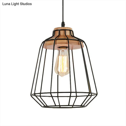 Retro Metal Pendant Light with Barrel/Cylinder Cage Shade - Bedroom Hanging Lamp in Black