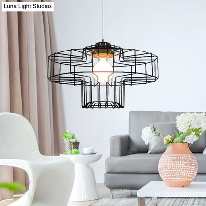 Retro Metal Pendant Light with Barrel/Cylinder Cage Shade - Bedroom Hanging Lamp in Black