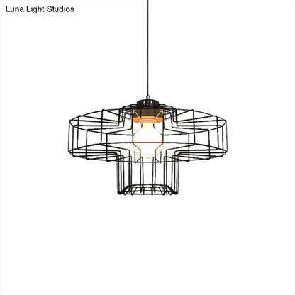 Retro Metal Pendant Light with Barrel/Cylinder Cage Shade - Bedroom Hanging Lamp in Black