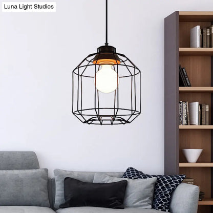 Retro Metal Pendant Light with Barrel/Cylinder Cage Shade - Bedroom Hanging Lamp in Black