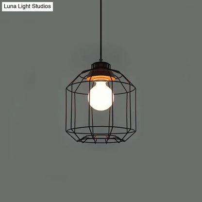 Retro Metal Pendant Light with Barrel/Cylinder Cage Shade - Bedroom Hanging Lamp in Black