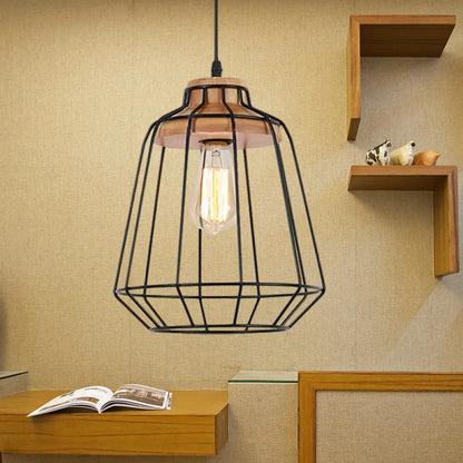 Retro Metal Pendant Light with Barrel/Cylinder Cage Shade - Bedroom Hanging Lamp in Black