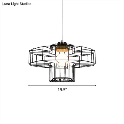 Retro Metal Pendant Light with Barrel/Cylinder Cage Shade - Bedroom Hanging Lamp in Black