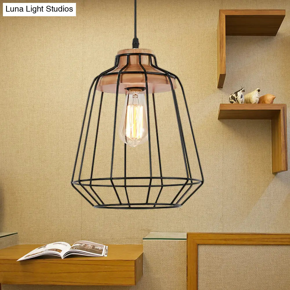 Retro Metal Pendant Light with Barrel/Cylinder Cage Shade - Bedroom Hanging Lamp in Black