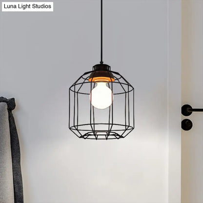 Retro Metal Pendant Light with Barrel/Cylinder Cage Shade - Bedroom Hanging Lamp in Black