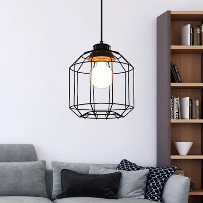 Retro Metal Pendant Light with Barrel/Cylinder Cage Shade - Bedroom Hanging Lamp in Black