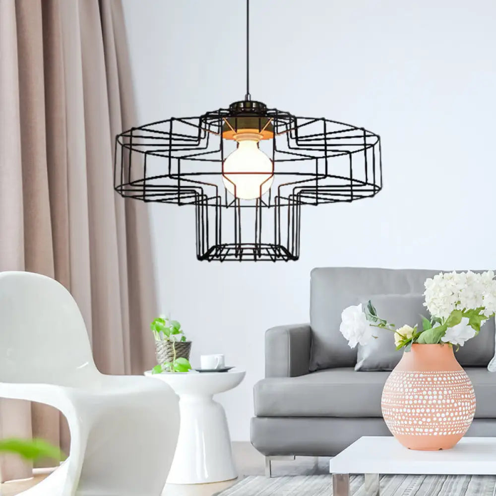 Retro Metal Pendant Light with Barrel/Cylinder Cage Shade - Bedroom Hanging Lamp in Black