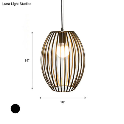 Retro Metal Pendant Light with Black Oval Cage Shade for Bedroom Ceiling