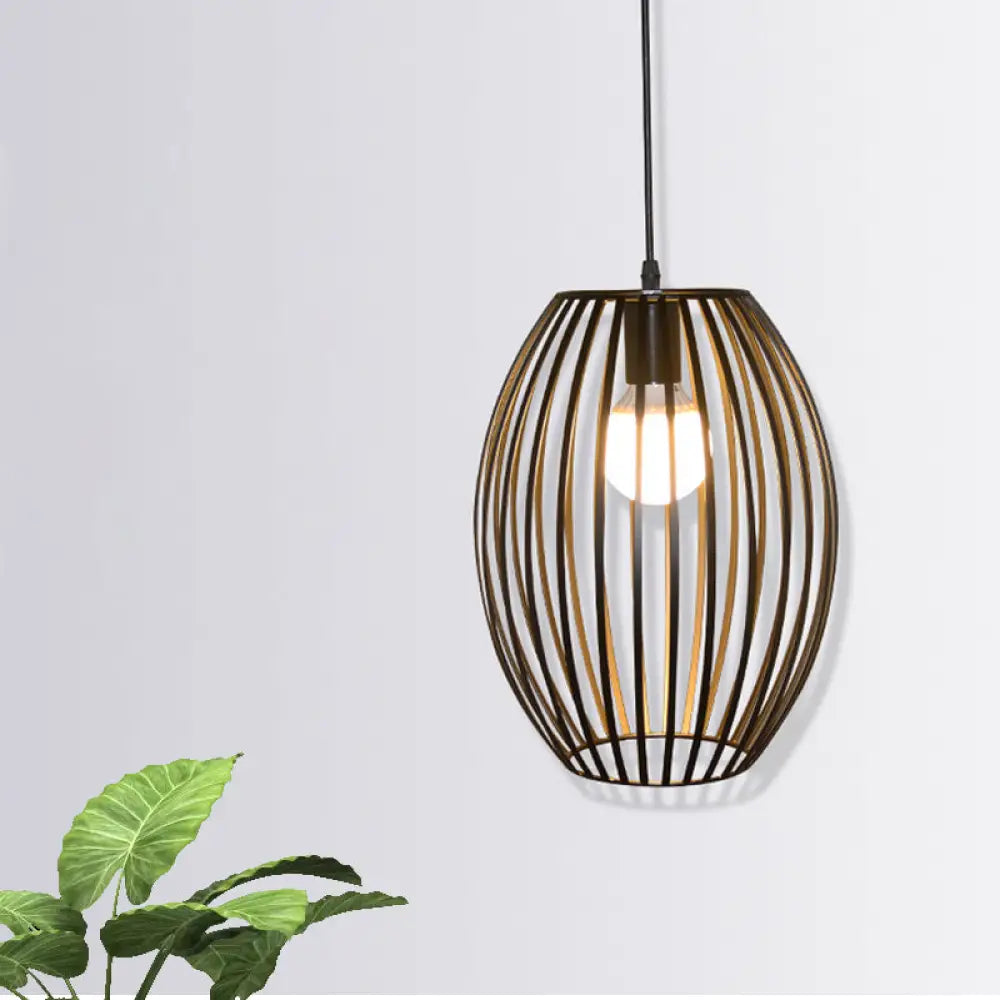 Retro Metal Pendant Light with Black Oval Cage Shade for Bedroom Ceiling