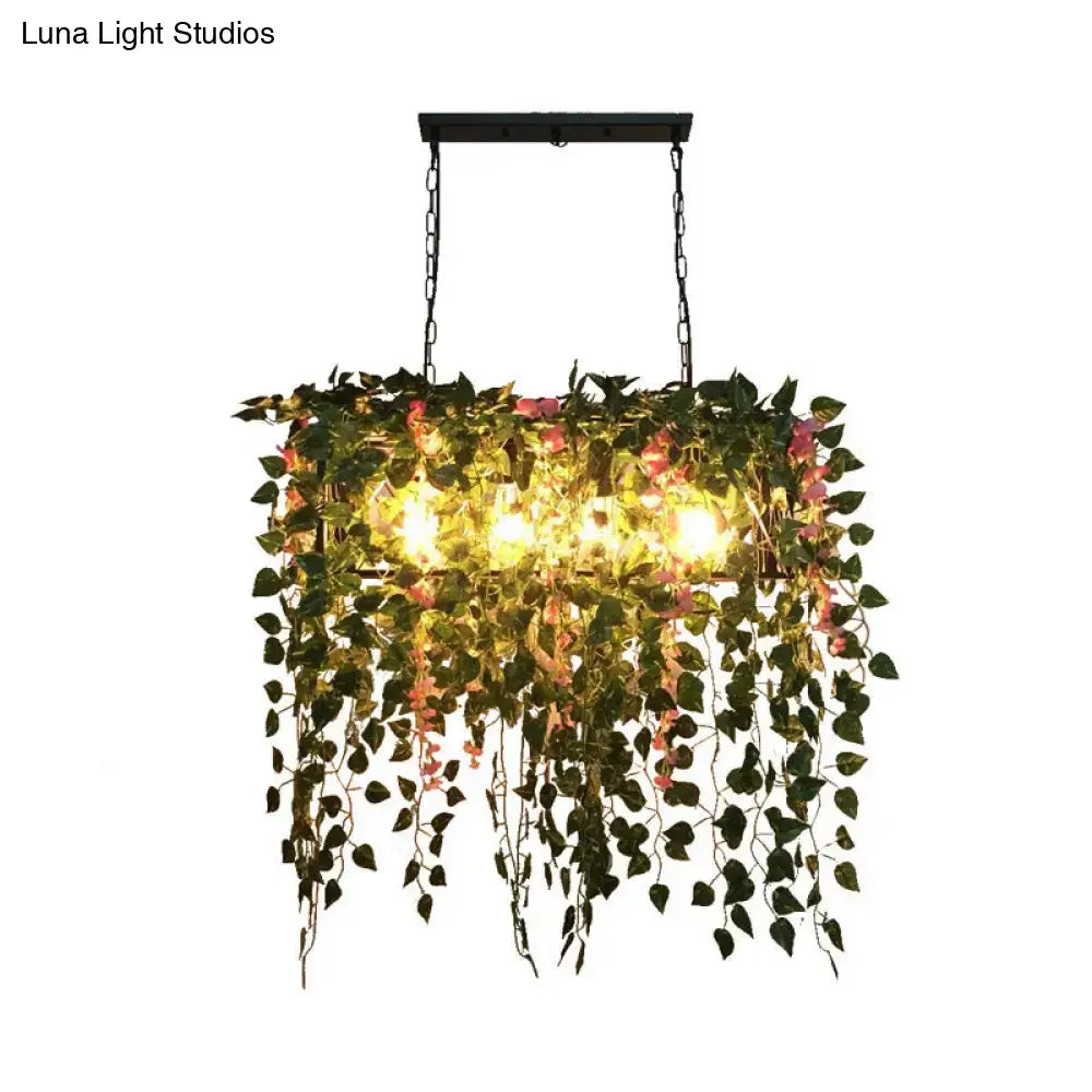 Decorbites retro metal black ceiling light with four heads, warm LED glow, and plant decor of green vines and pink flowers