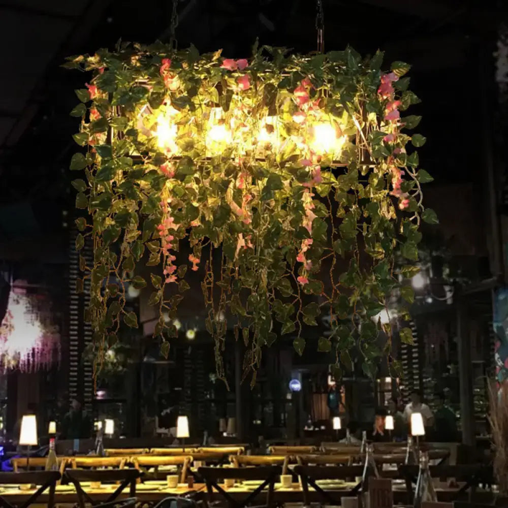 Decorbites™ retro metal ceiling light with 4 LED heads and plant decor featuring green vines and pink flowers