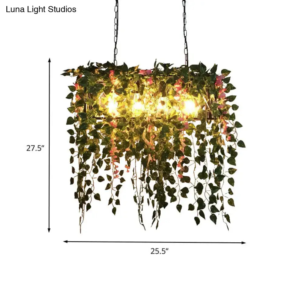 Decorbites retro metal rectangular ceiling light with warm LED lights and plant decor featuring green vines and pink flowers