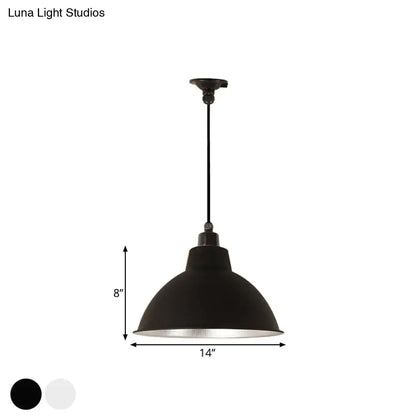 Retro Metallic Hanging Lamp - Stylish 1 Bulb Black/White Ceiling Fixture for Bowl Coffee Shop - Multiple Width Options (12"/14"/16")