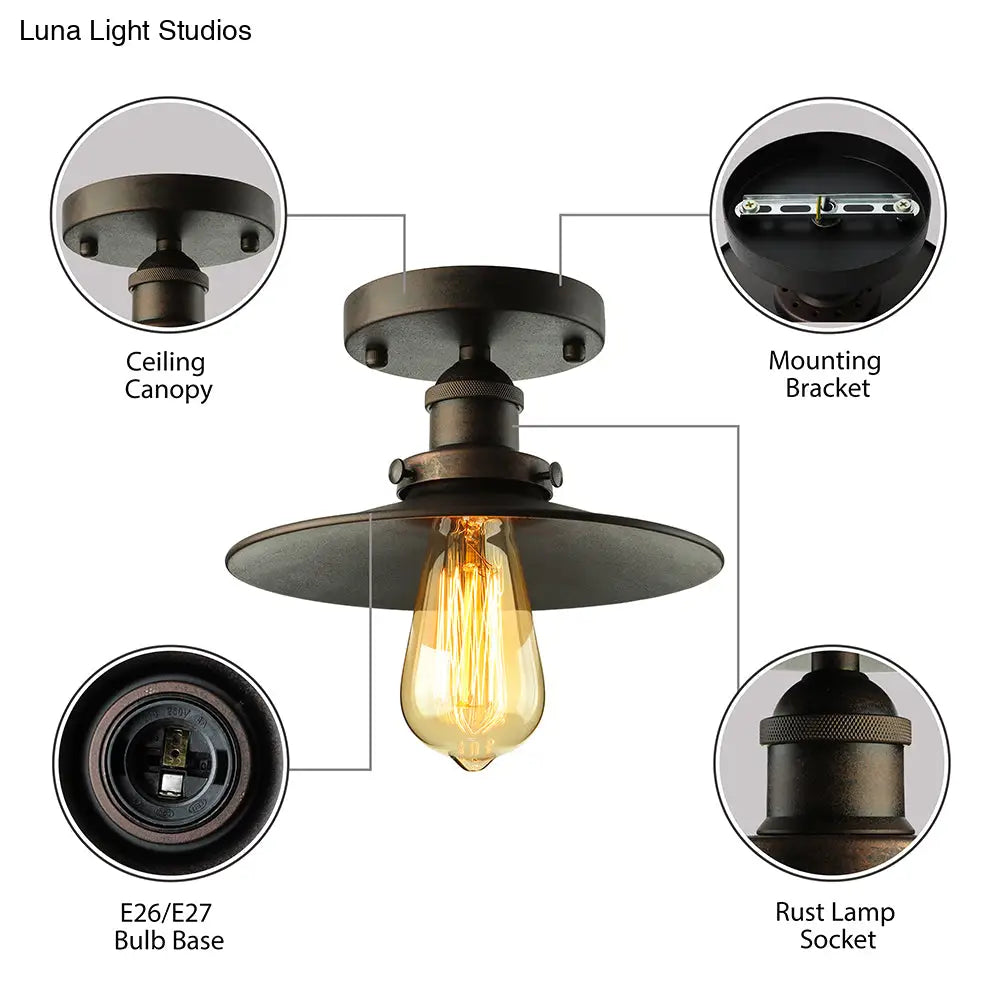 DecorBites™ DecorBites™ Retro Metallic Semi Flush Mount Ceiling Light - Black/Rust Cone Shade, 1 Head - Close to Ceiling Lighting for Balconies