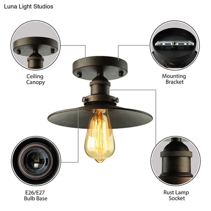 DecorBites™ DecorBites™ Retro Metallic Semi Flush Mount Ceiling Light - Black/Rust Cone Shade, 1 Head - Close to Ceiling Lighting for Balconies