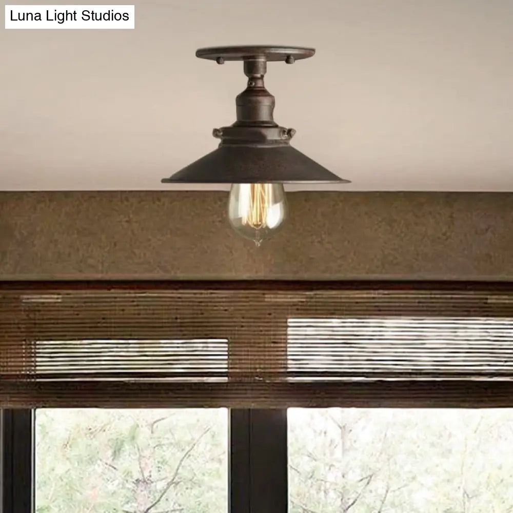 DecorBites™ DecorBites™ Retro Metallic Semi Flush Mount Ceiling Light - Black/Rust Cone Shade, 1 Head - Close to Ceiling Lighting for Balconies