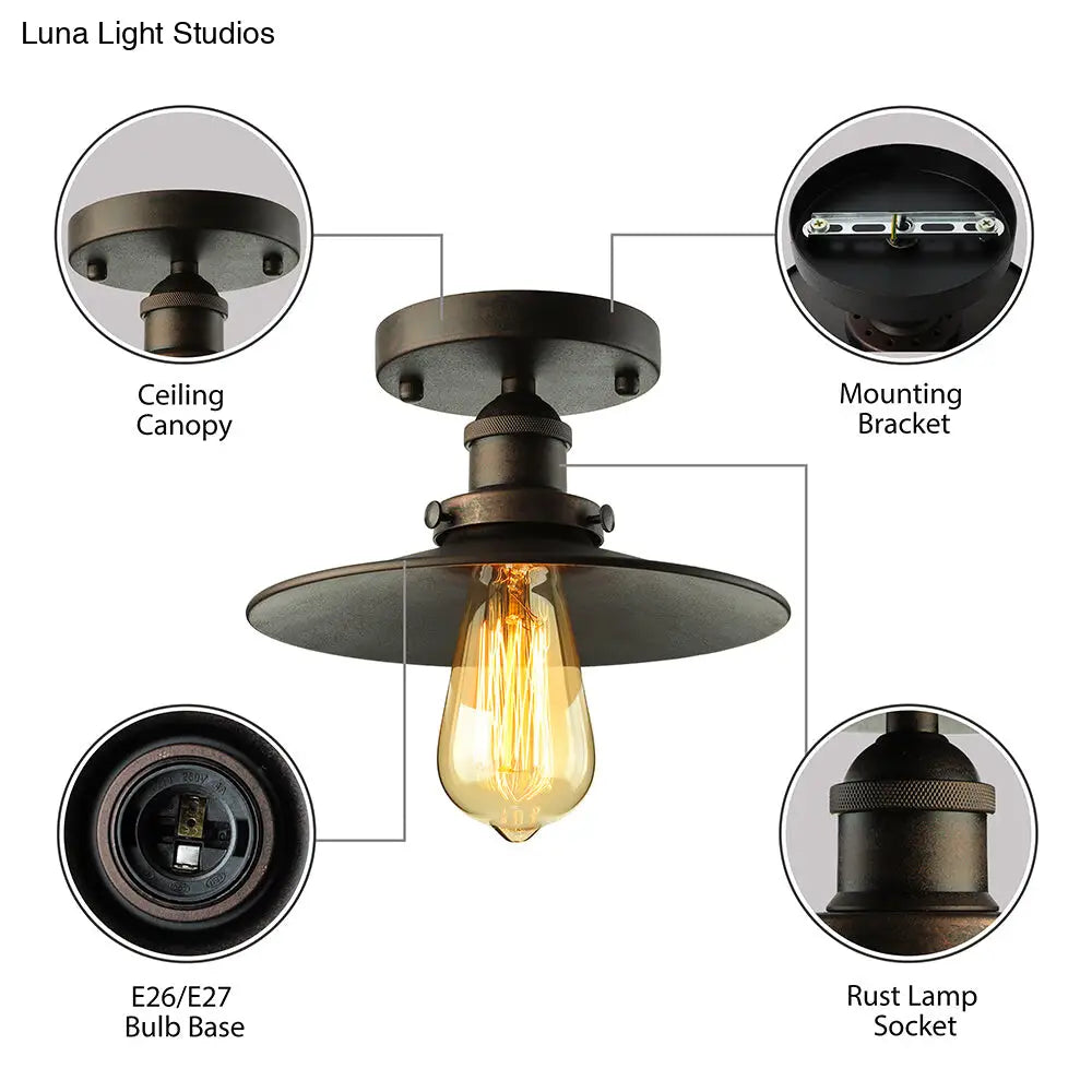 DecorBites™ DecorBites™ Retro Metallic Semi Flush Mount Ceiling Light - Black/Rust Cone Shade, 1 Head - Close to Ceiling Lighting for Balconies