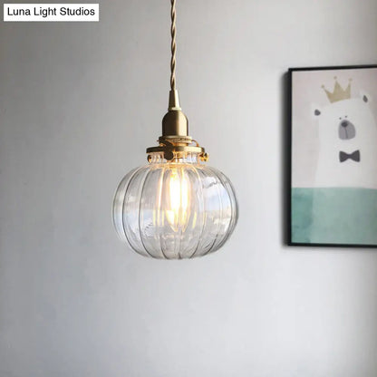 Retro Mini Hanging Light with Oval Green Glass Drop Pendant in Brass