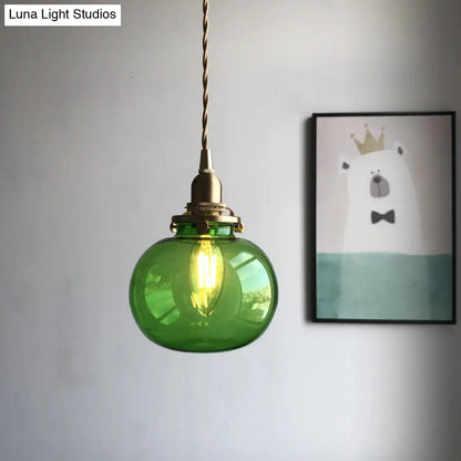 Retro Mini Hanging Light with Oval Green Glass Drop Pendant in Brass