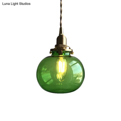 Retro Mini Hanging Light with Oval Green Glass Drop Pendant in Brass