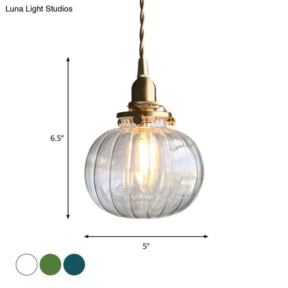 Retro Mini Hanging Light with Oval Green Glass Drop Pendant in Brass