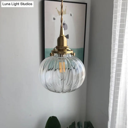 Retro Mini Hanging Light with Oval Green Glass Drop Pendant in Brass