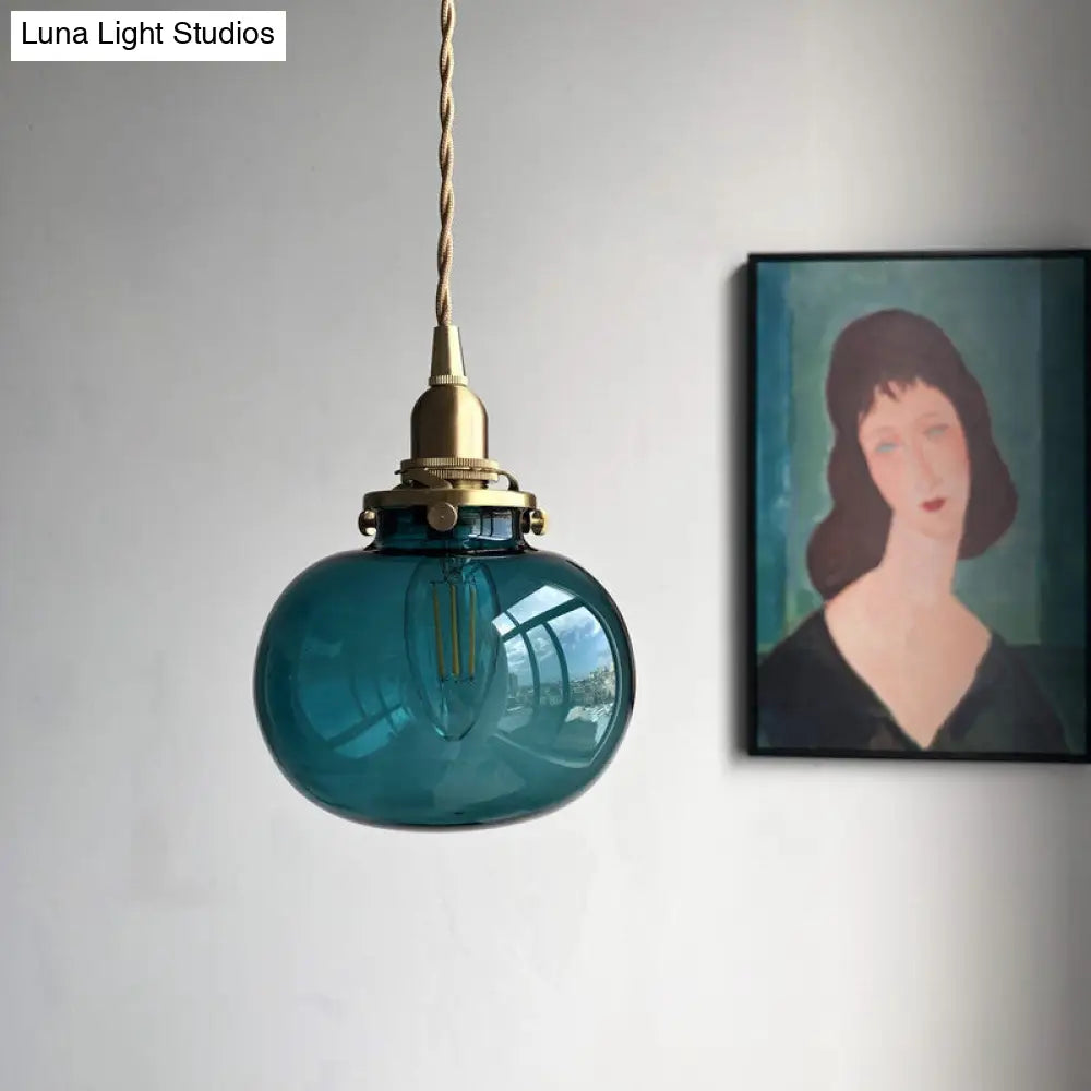 Retro Mini Hanging Light with Oval Green Glass Drop Pendant in Brass