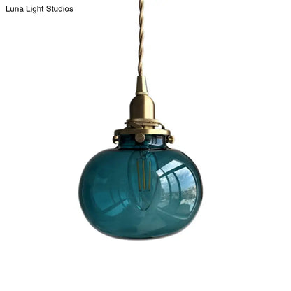 Retro Mini Hanging Light with Oval Green Glass Drop Pendant in Brass