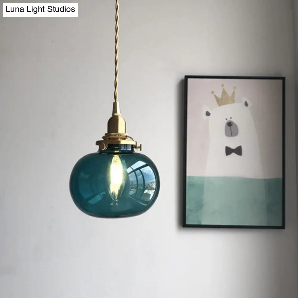 Retro Mini Hanging Light with Oval Green Glass Drop Pendant in Brass