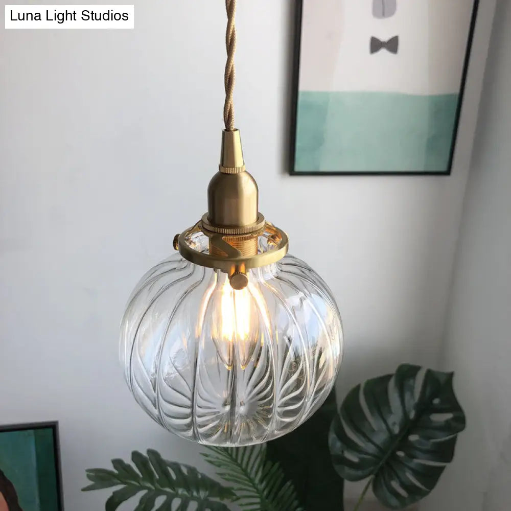 Retro Mini Hanging Light with Oval Green Glass Drop Pendant in Brass