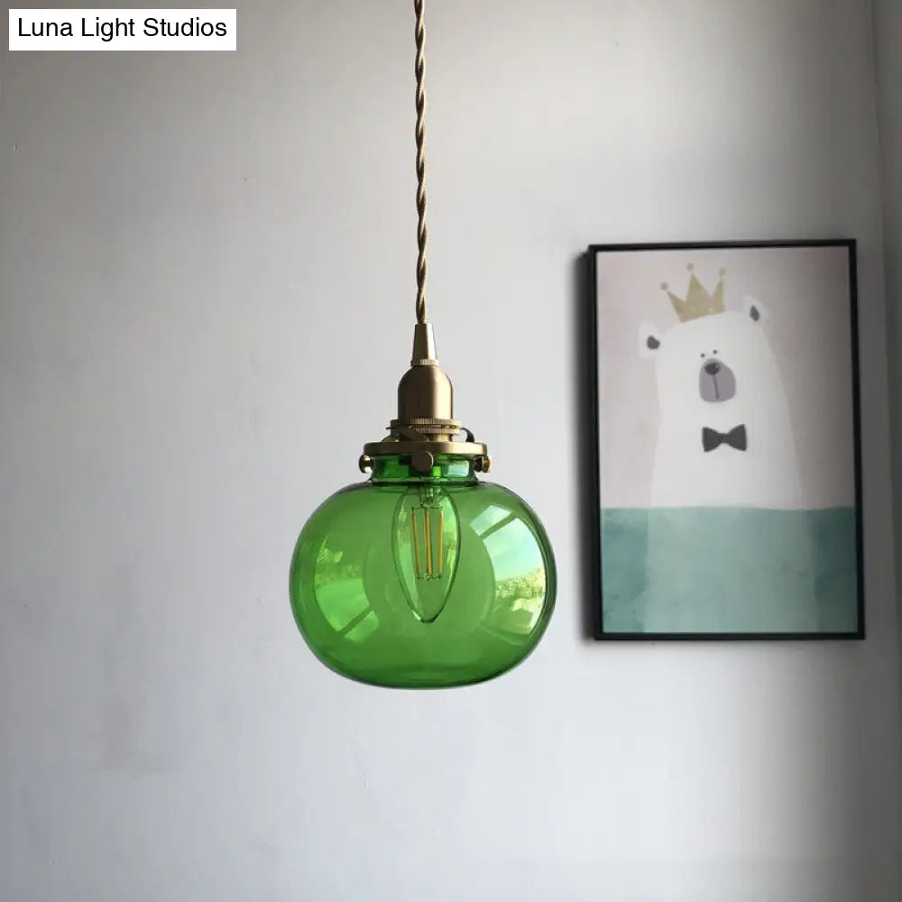 Retro Mini Hanging Light with Oval Green Glass Drop Pendant in Brass