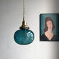 Retro Mini Hanging Light with Oval Green Glass Drop Pendant in Brass