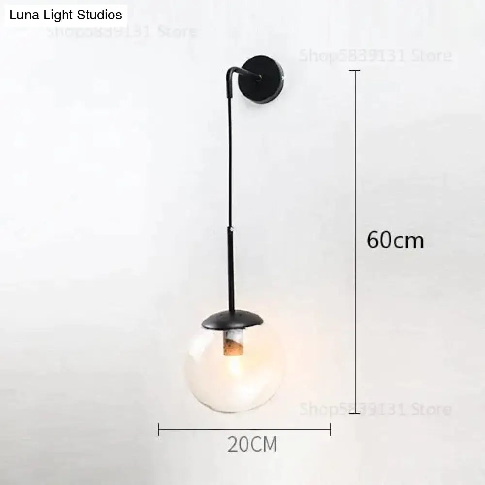 Black metal wall lamps with a retro modern glass smoked globe for nordic retro modern bedroom lighting