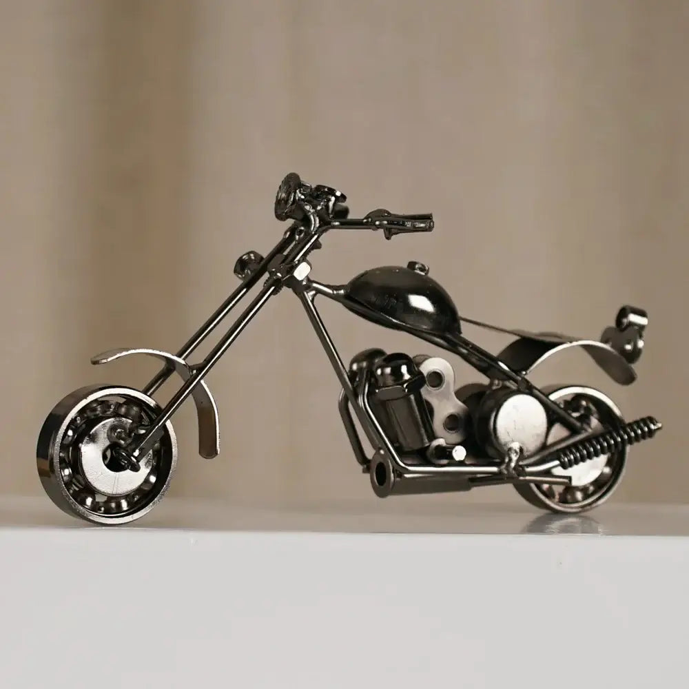 Black metal chopper retro motorcycle model metal figurine with chrome accents and detailed engine for living room decor
