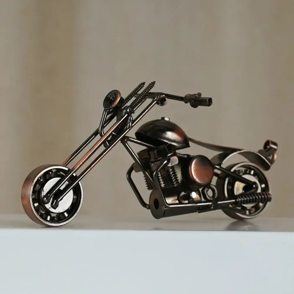 Rustic handcrafted retro motorcycle model metal figurine with dark bronze and black finish for living room decor