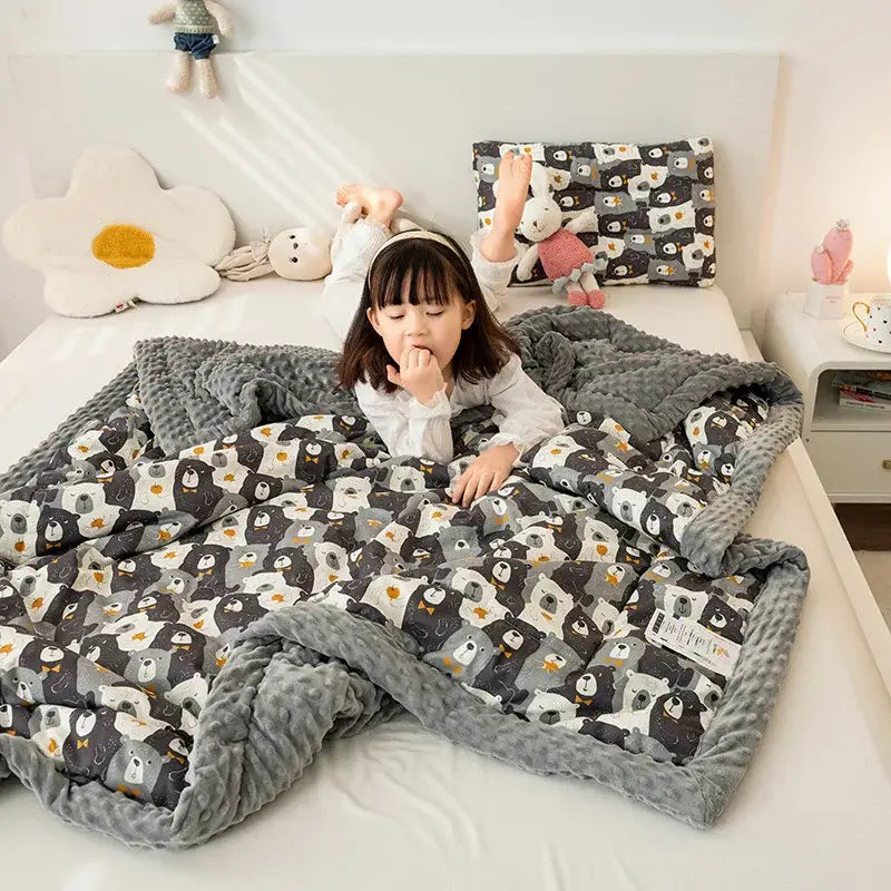 Retro mustard lion cotton floral double quilt with gray plush blanket featuring black white and gray bears and orange accents