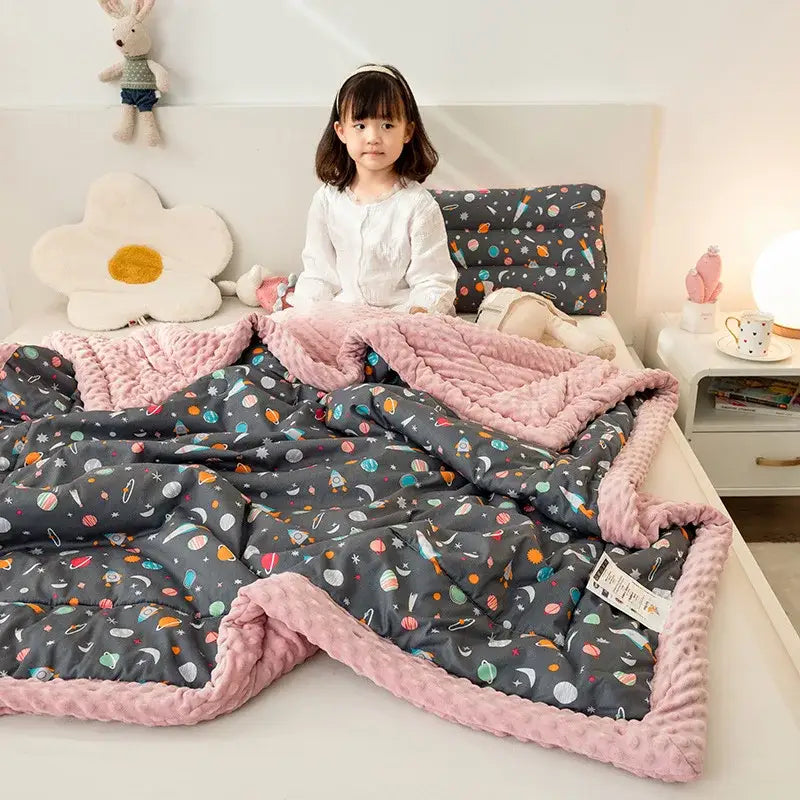 Retro mustard lion cotton floral double quilt with pink and gray space-themed design and plush textured border