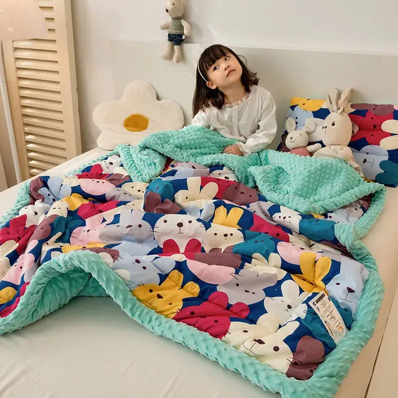 Retro mustard lion cotton floral double quilt featuring a colorful cartoon bunny pattern with mint green border